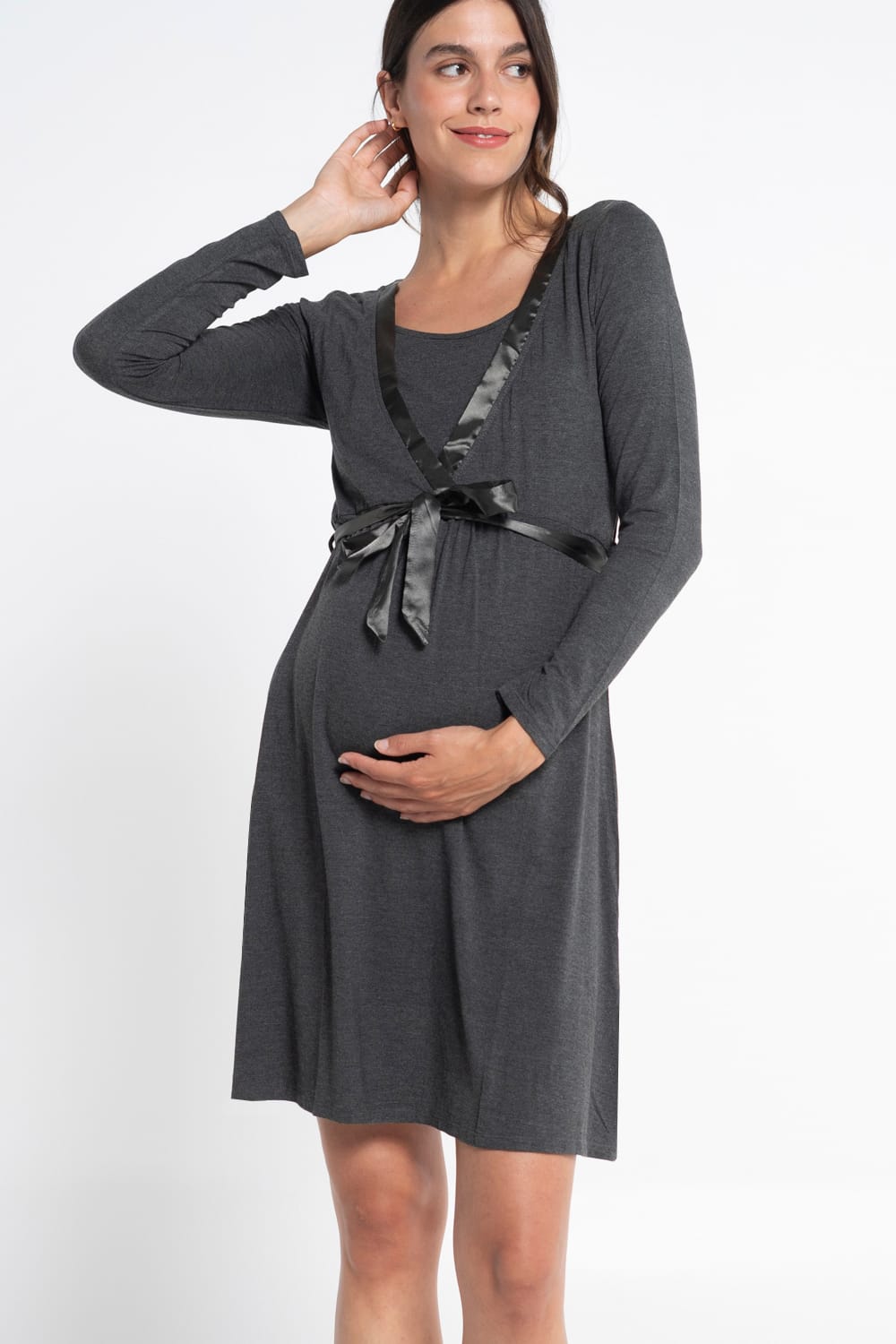CAMISÓN LACTANCIA GRIS CON CINTA DE SATÉN