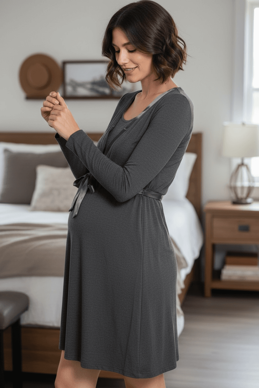 CAMISÓN LACTANCIA GRIS CON CINTA DE SATÉN
